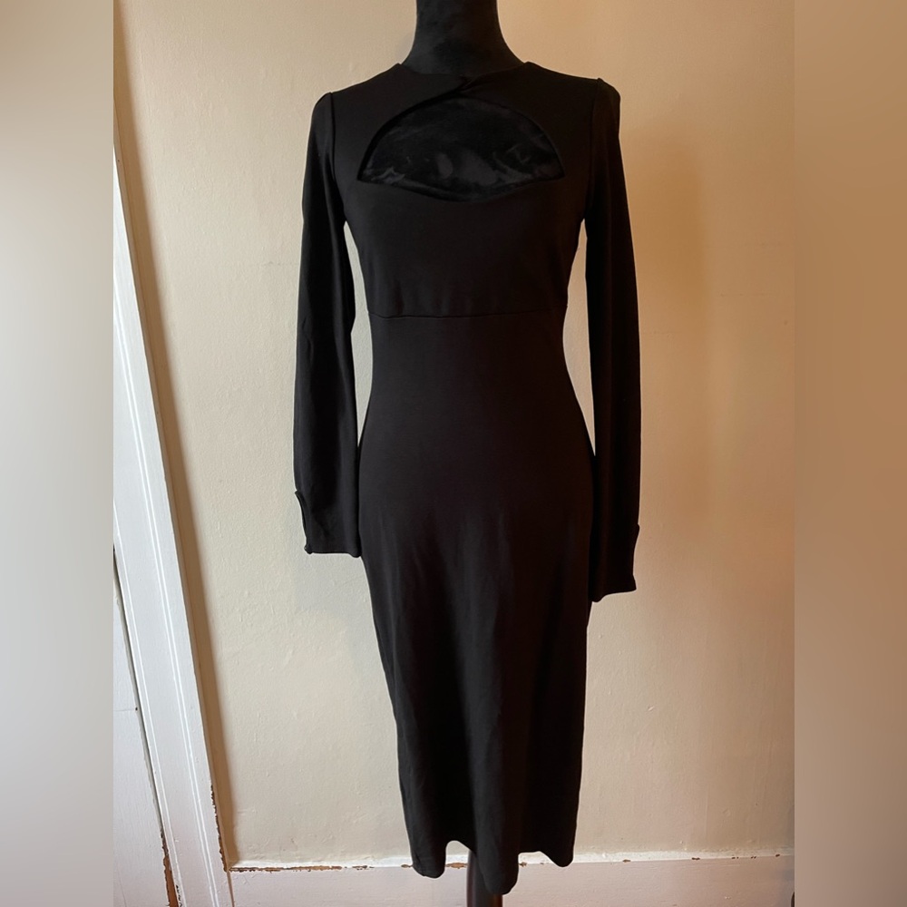 J uptown fitted open front knot dress, back slit, gold zip, button wrist, size L